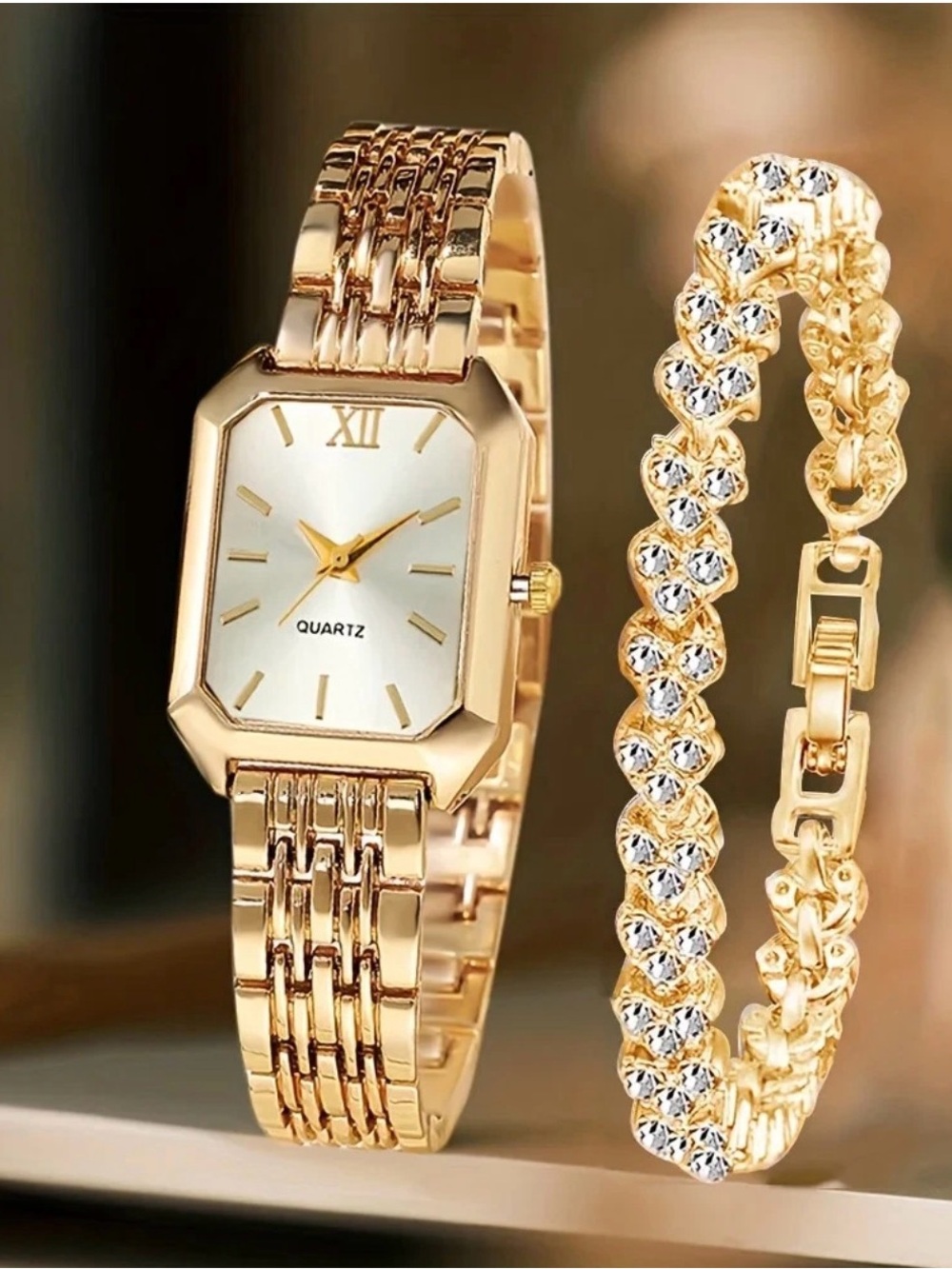 Gold Women's Bracelet Watch and Crystal Accent Bracelet Set